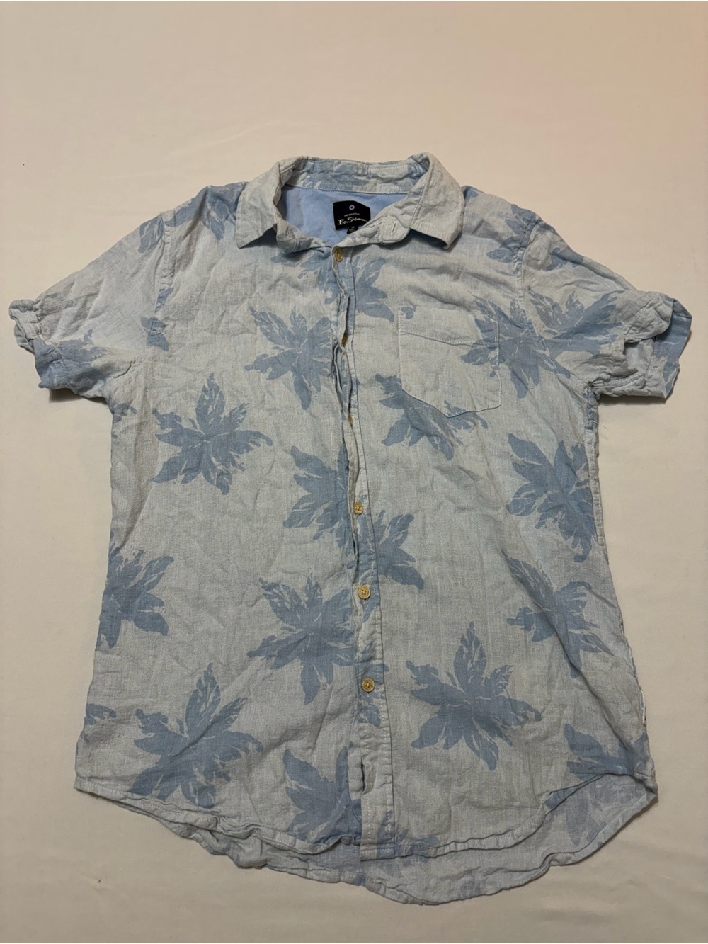 Ben Sherman Mens Medium Short Sleeve Linen Blend Tropical Floral Button Up Shirt